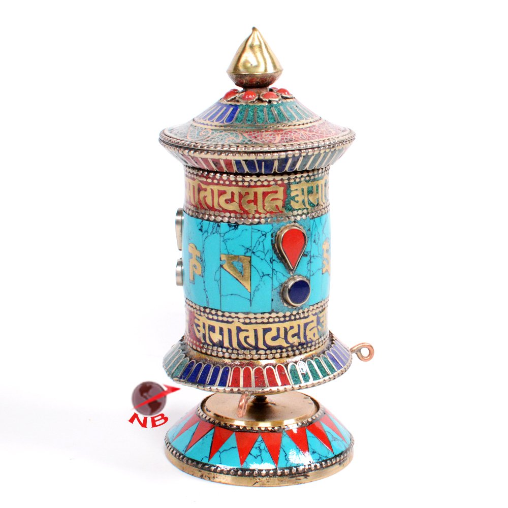 Turquoise Stone Setting Pray Mantra decorated 5.8 Inch Tall Table Prayer Wheel